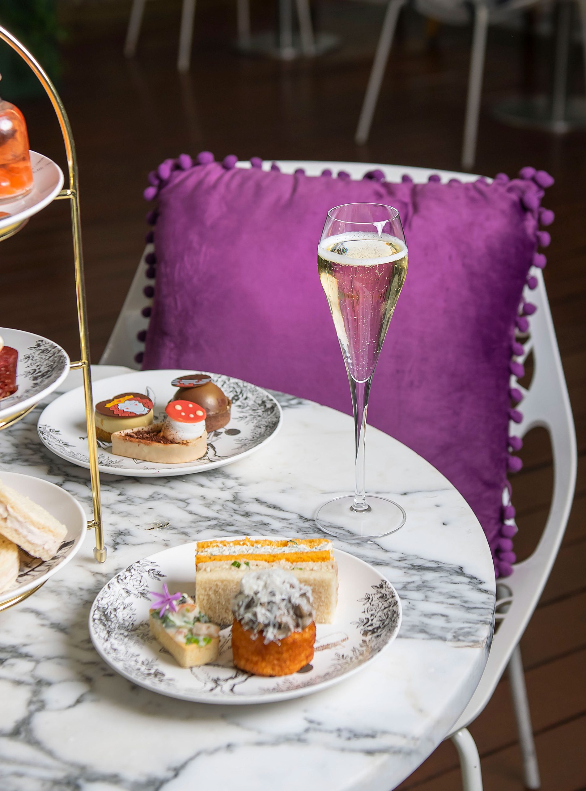 Mad Hatters Afternoon Tea at Sanderson London. Fitzrovia. Central London. Champagne.